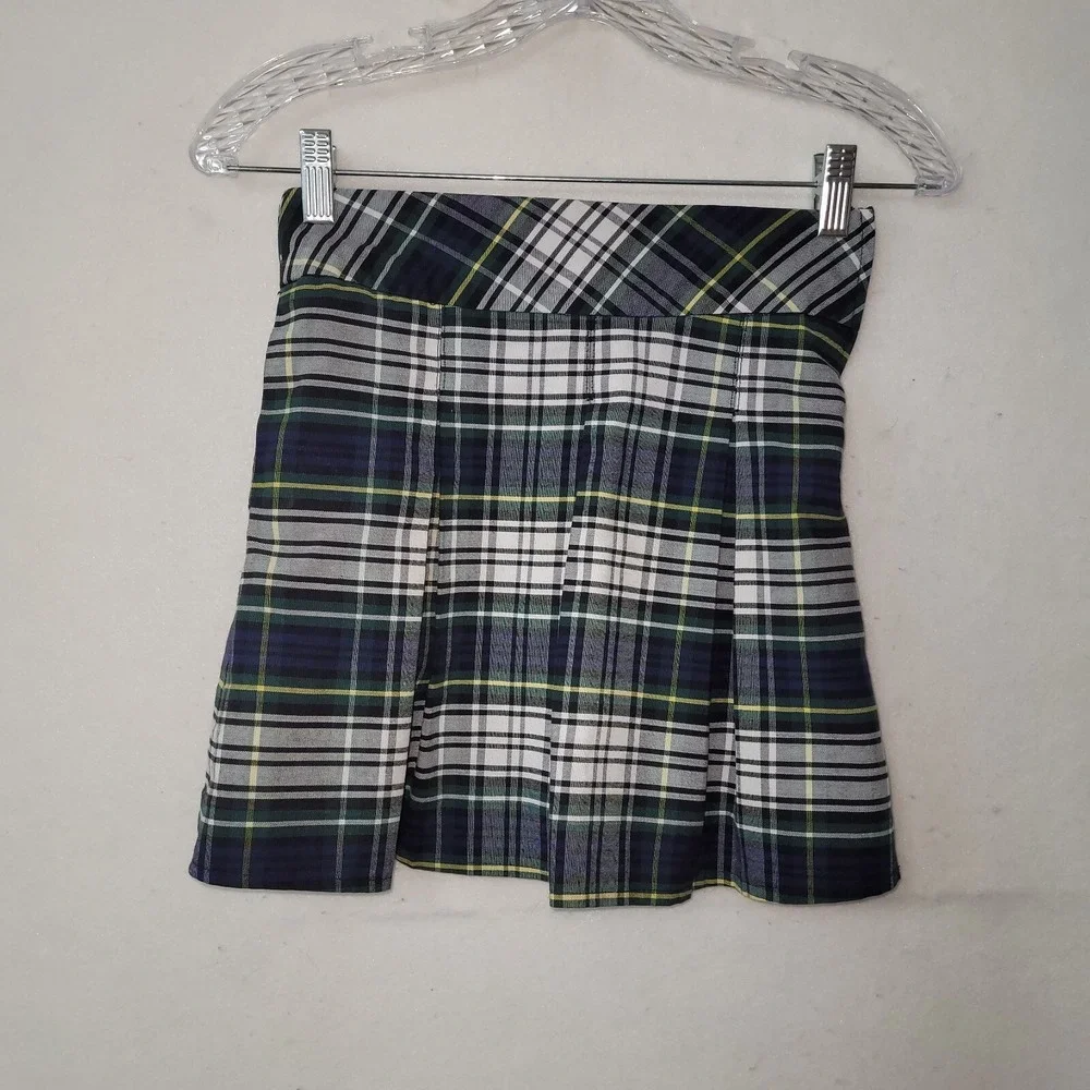 School Apparel Inc Plaid Pleated Skirt Kids Size 6 Reg Green‎ Navy Yellow Tartan